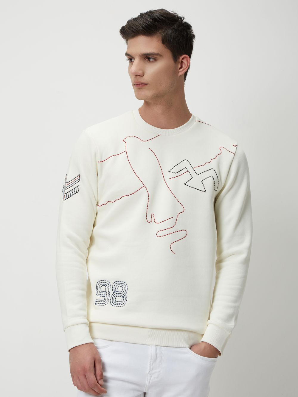 White Embroidered Knitted Fleece Sweatshirt