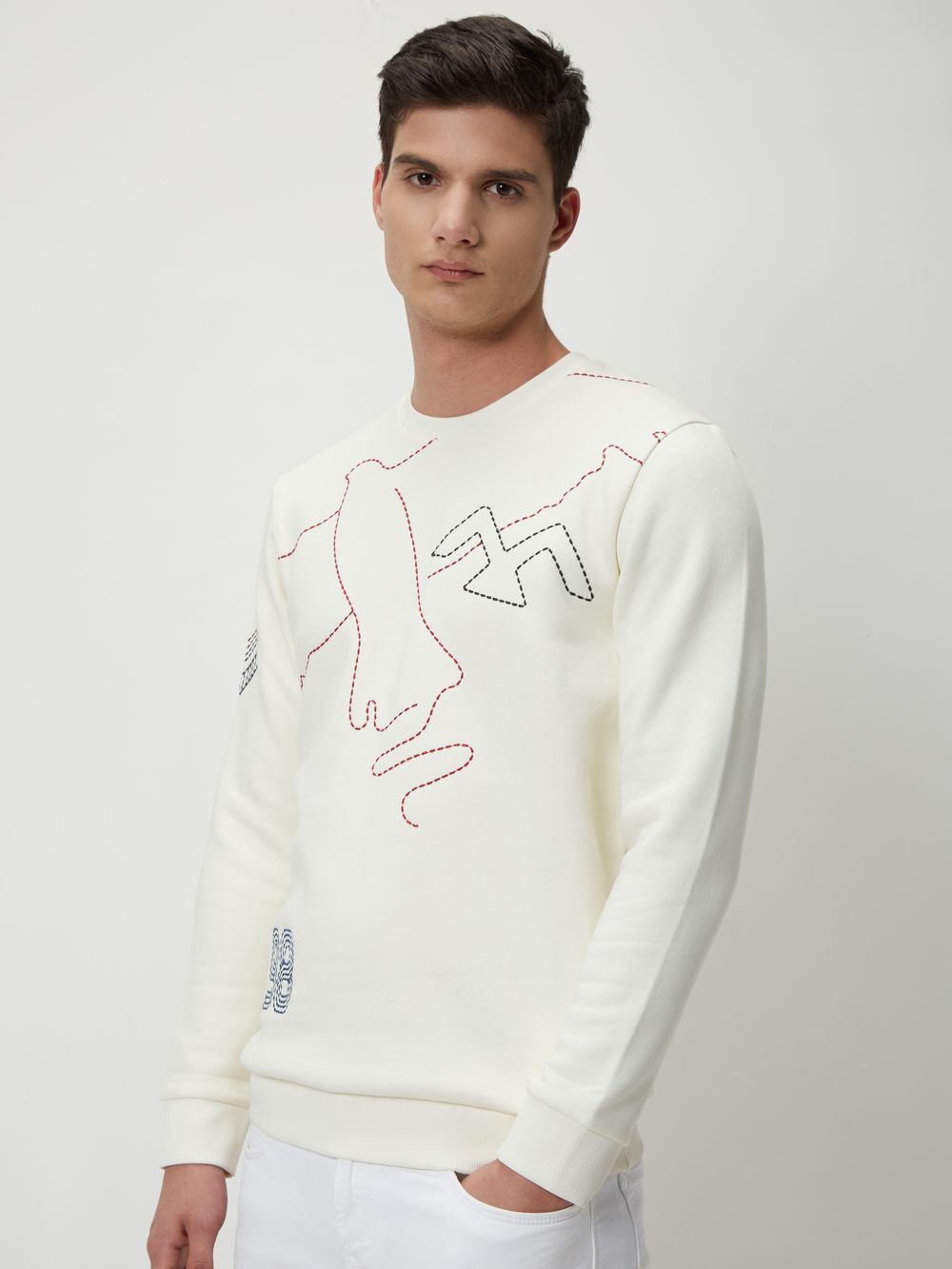 White Embroidered Knitted Fleece Sweatshirt