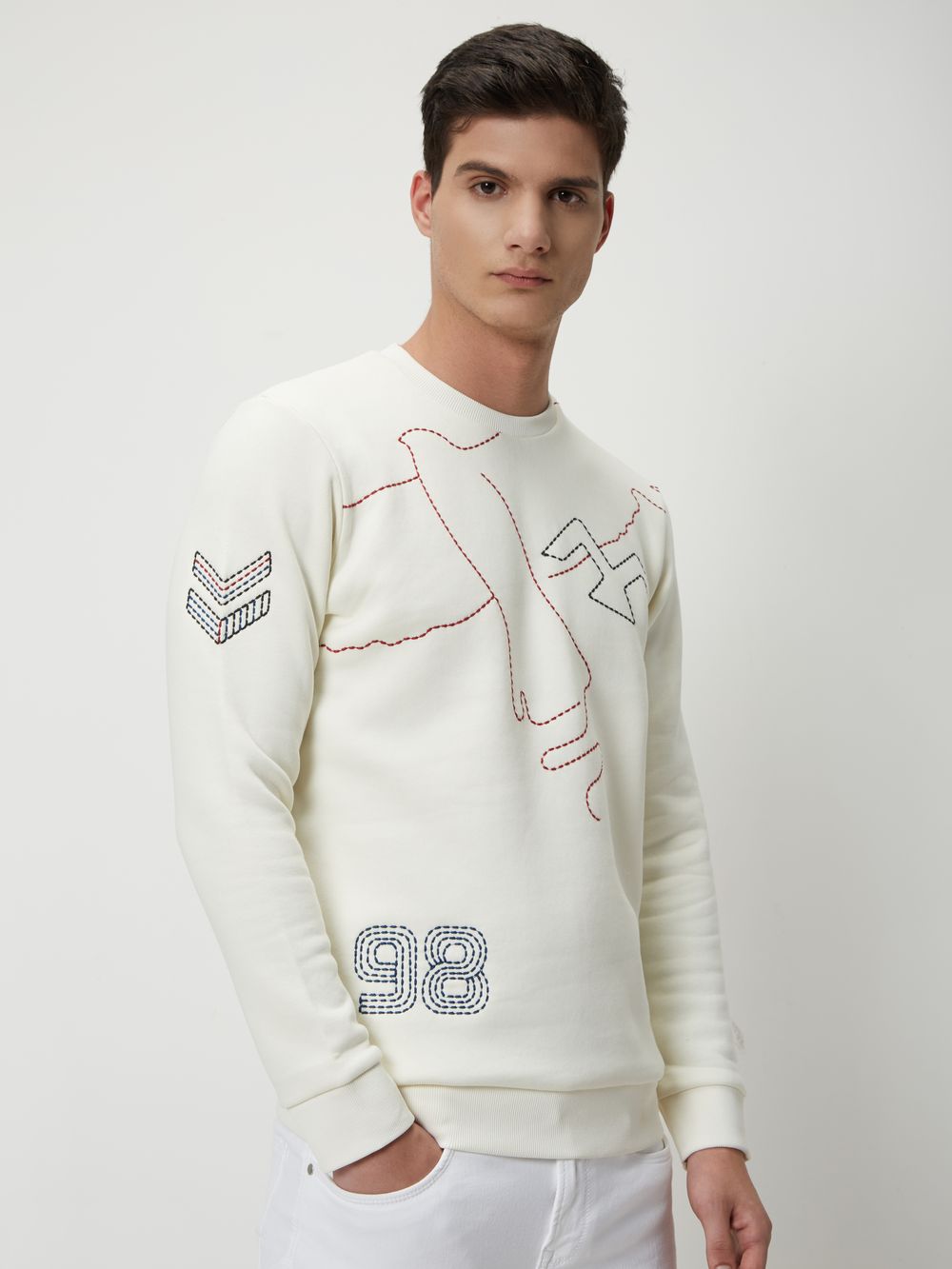 White Embroidered Knitted Fleece Sweatshirt