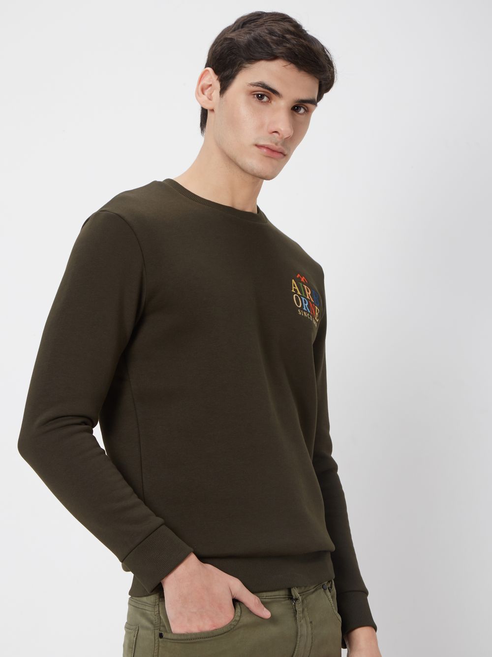 Olive Embroidered Knitted Fleece Sweatshirt