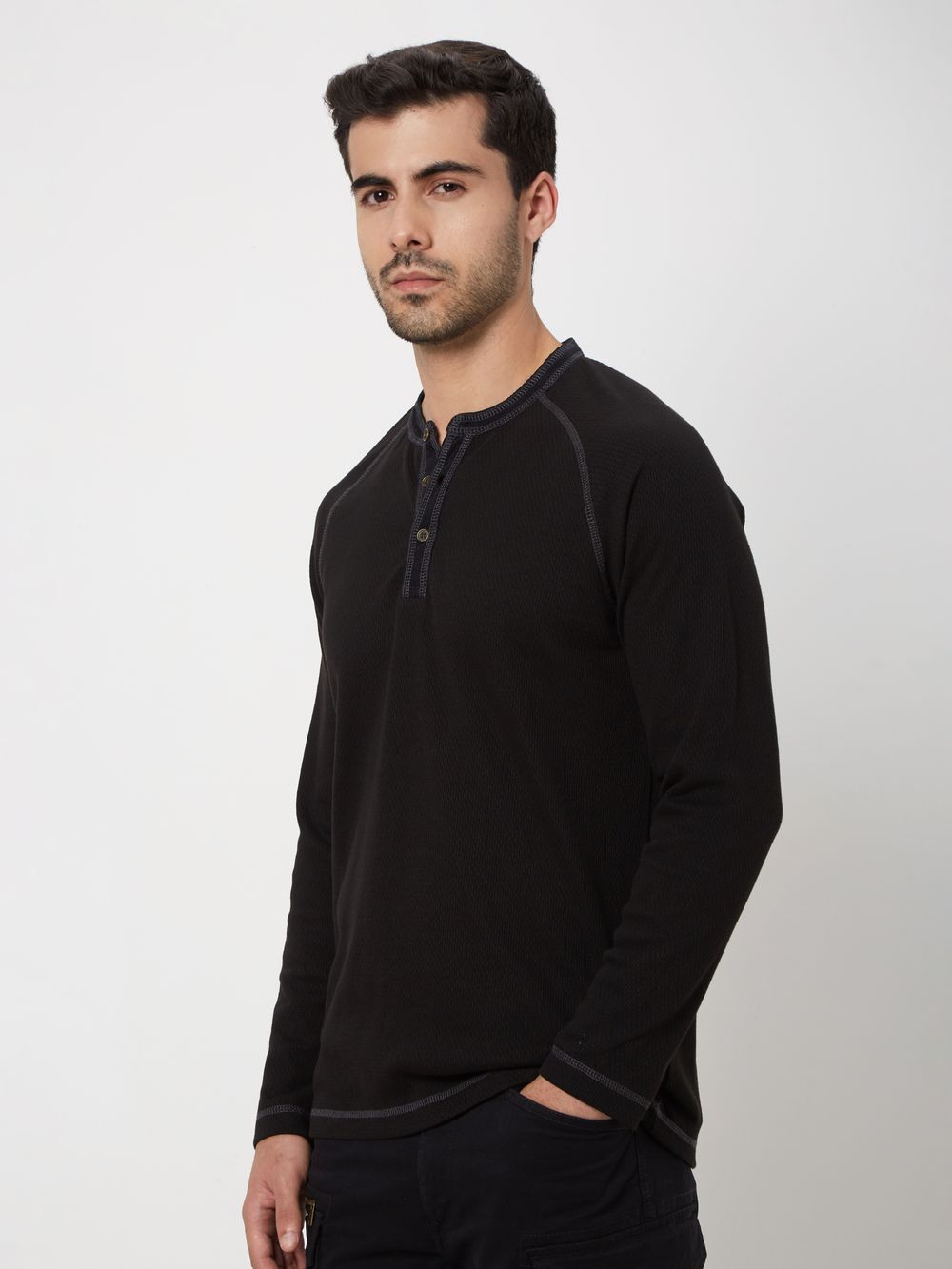 Black Textured Popcorn Henley T-Shirt