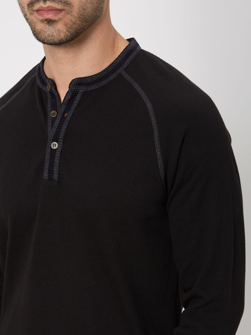 Black Textured Popcorn Henley T-Shirt