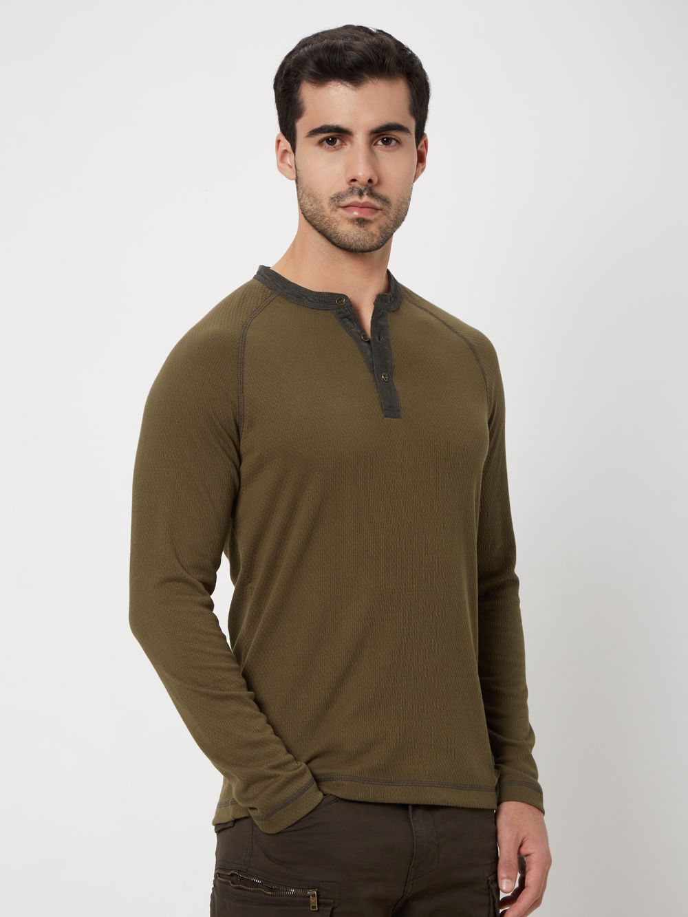 Olive Textured Popcorn Henley T-Shirt