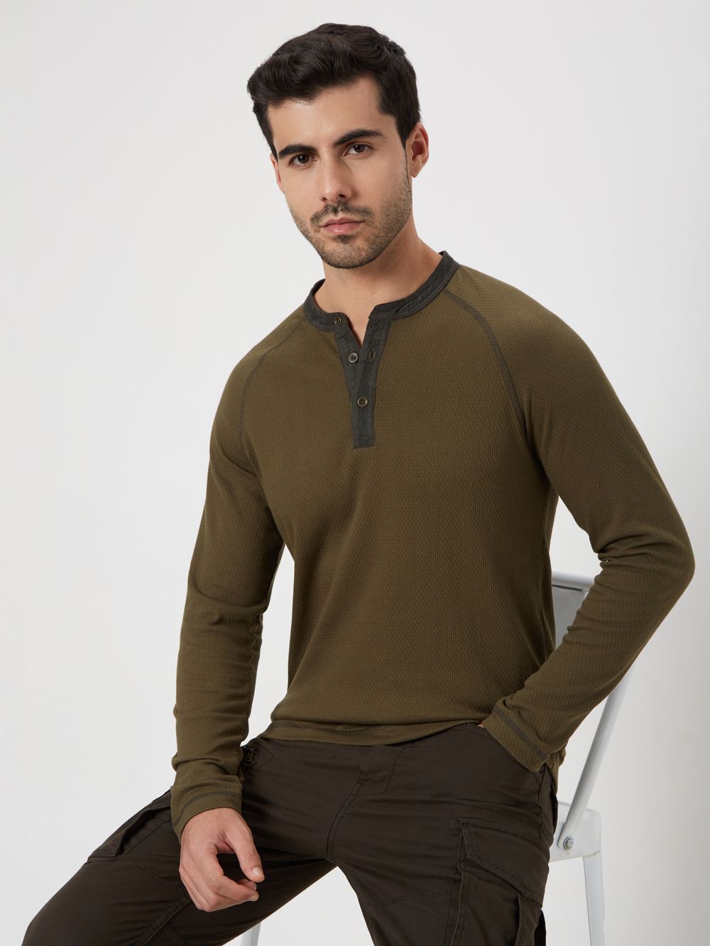 Olive Textured Popcorn Henley T-Shirt