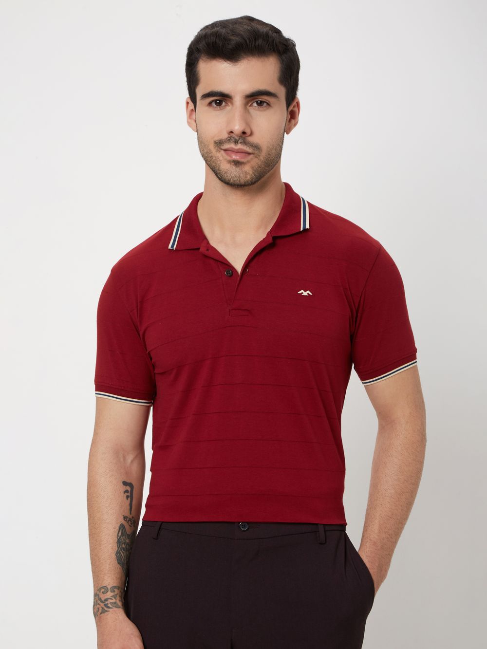 Maroon Tipped Collar Slim Fit Polo 