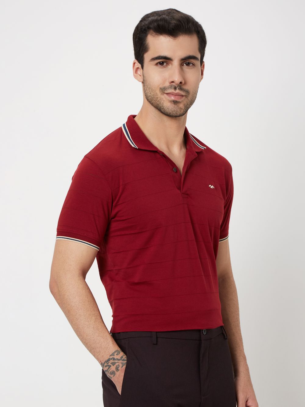 Maroon Tipped Collar Slim Fit Polo 