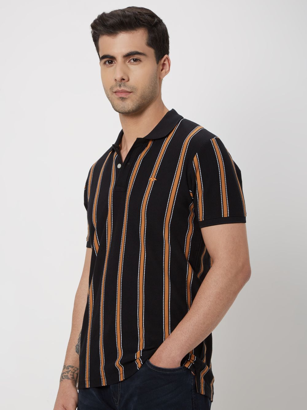 Black & White Textured Stripe Polo T-Shirt