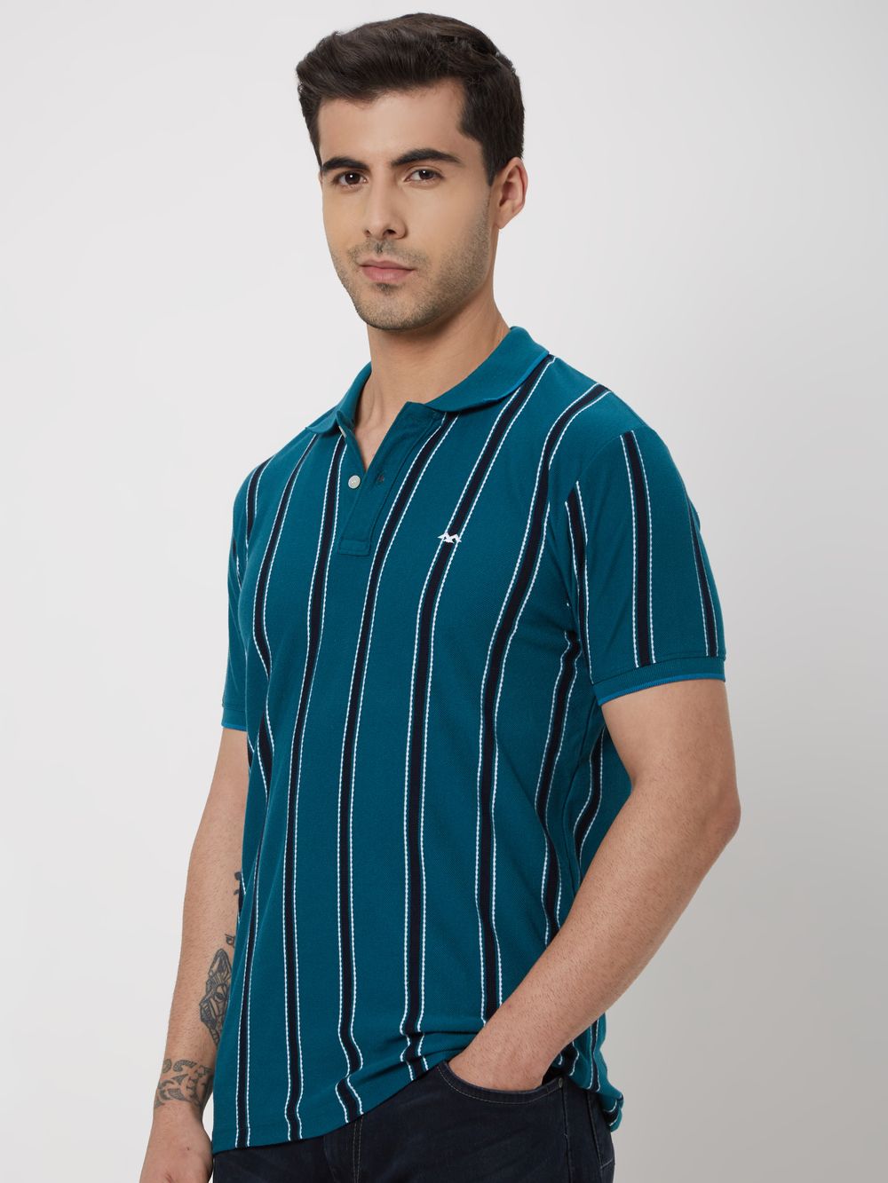 Blue & White Textured Stripe Polo T-Shirt