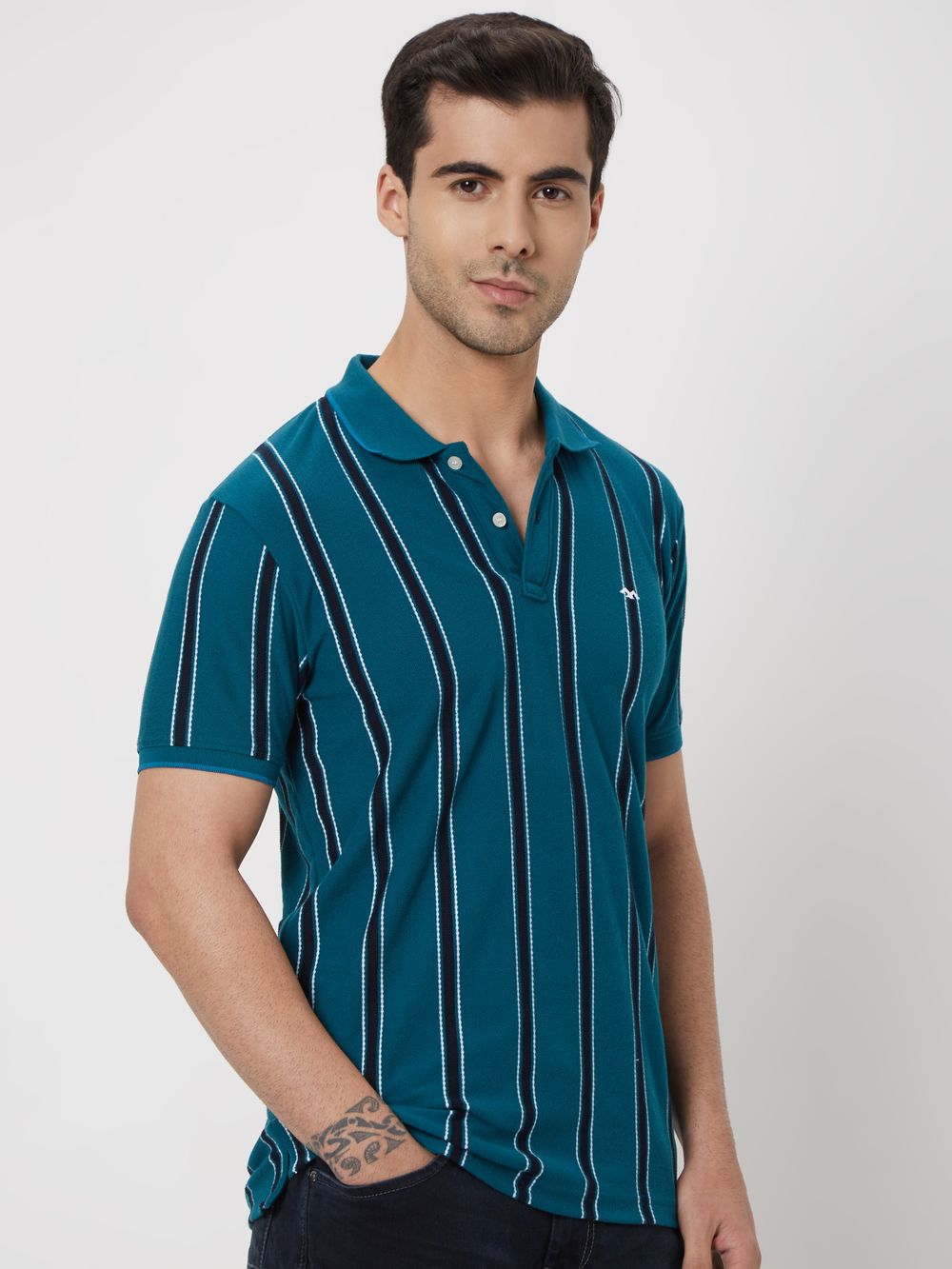 Blue & White Textured Stripe Polo T-Shirt