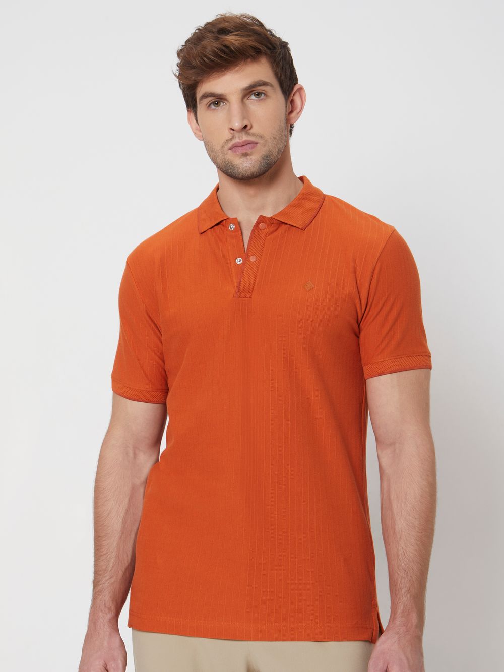 Rust Textured Plain Slim Fit Casual Polo T-Shirt