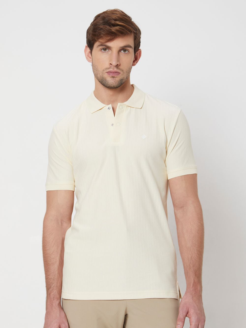 Off White Textured Plain Slim Fit Jersey Polo T-Shirt