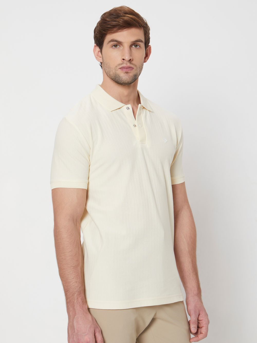 Off White Textured Plain Slim Fit Jersey Polo T-Shirt