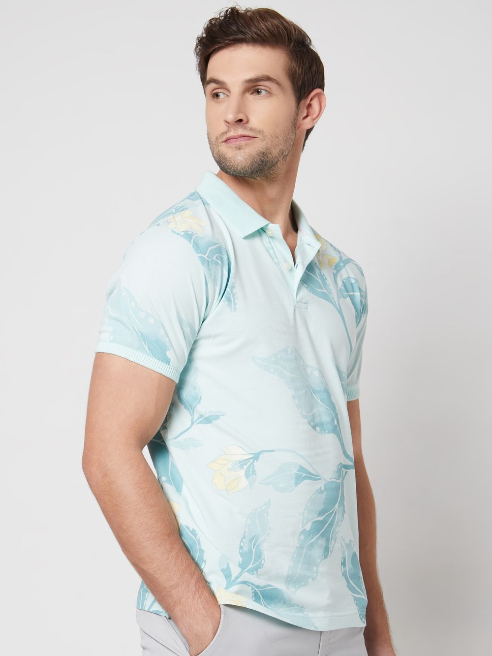 Light Blue Leaf Print Slim Fit Casual Polo