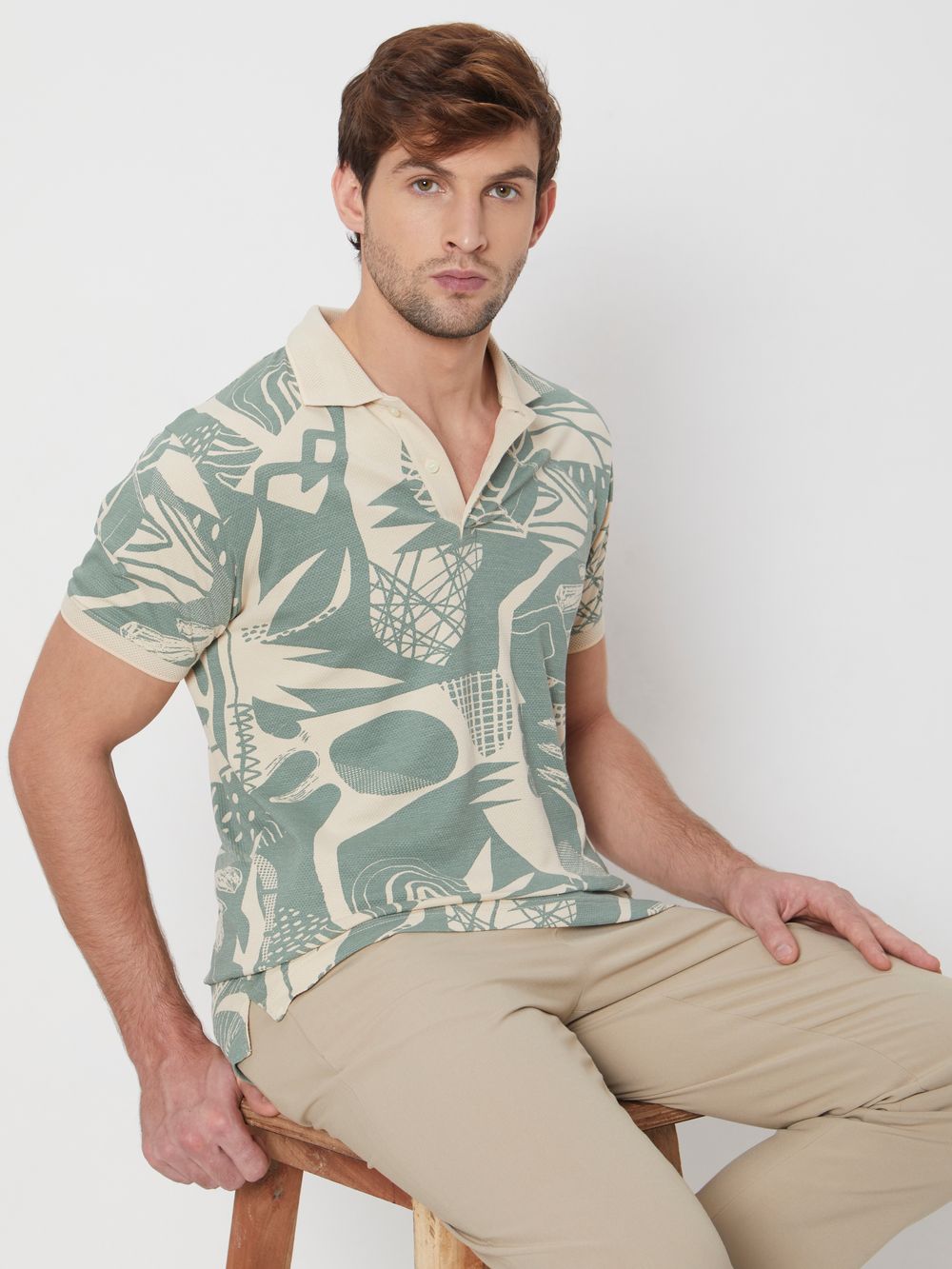 Beige Abstract Print Slim Fit Casual Polo