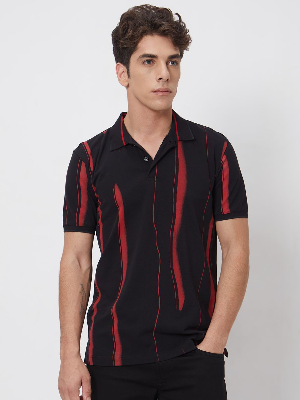 Black Abstract Print Slim Fit Casual Polo