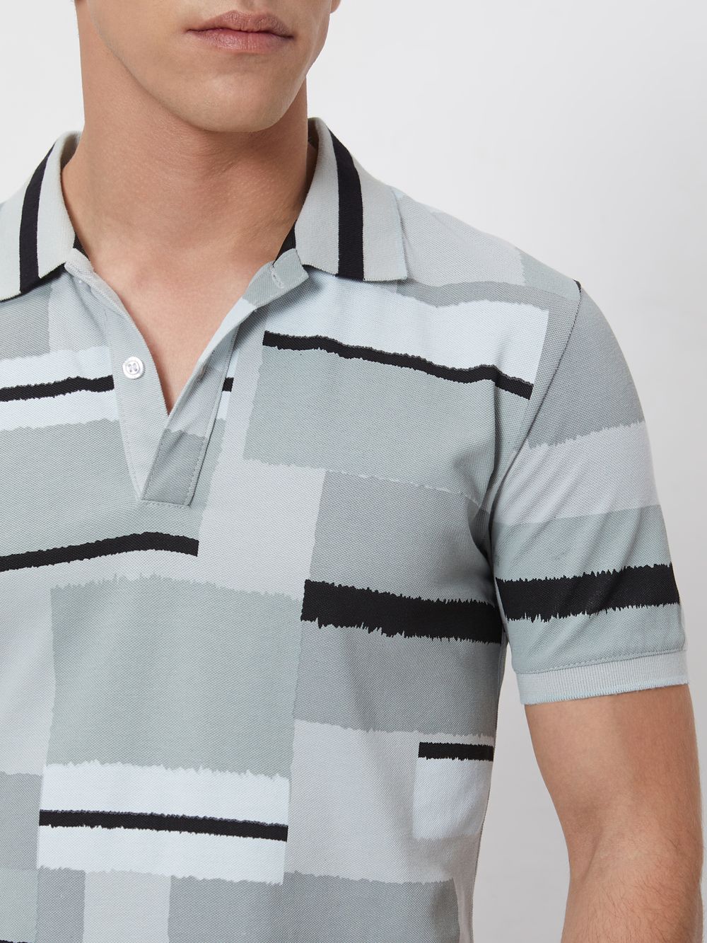 Grey Abstract Print Slim Fit Casual Polo