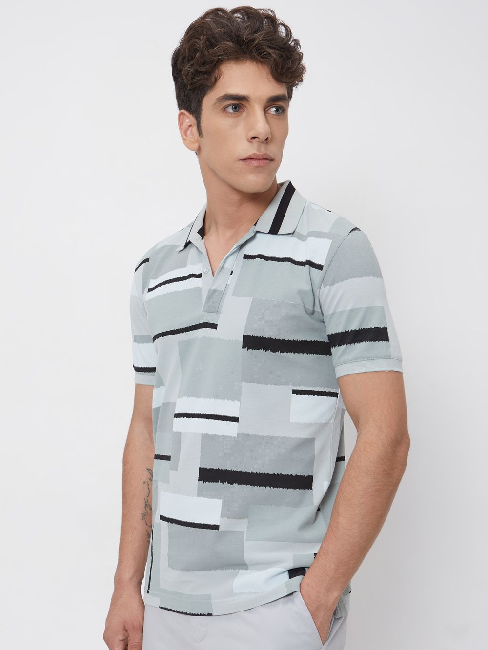 Grey Abstract Print Slim Fit Casual Polo