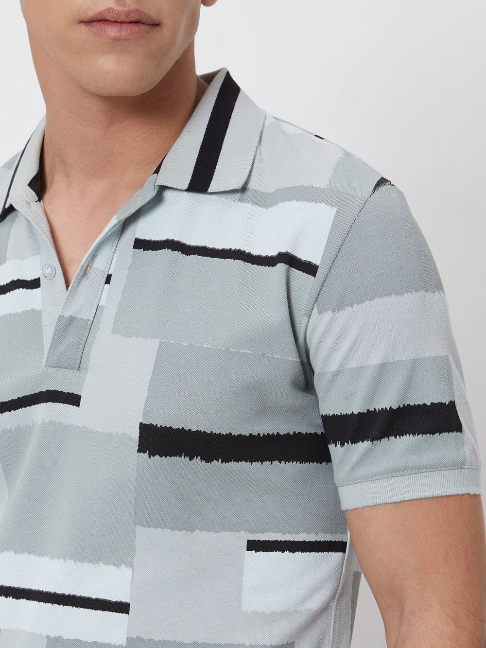 Grey Abstract Print Slim Fit Casual Polo