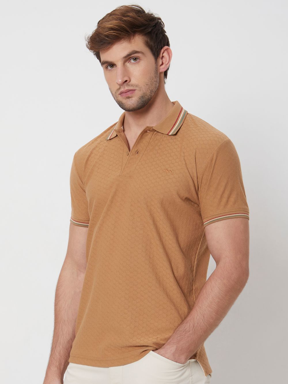 Khaki Textured Tipped Collar Slim Fit Casual Polo