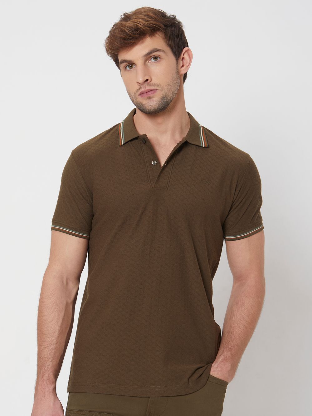 Olive Textured Tipped Collar Slim Fit Casual Polo