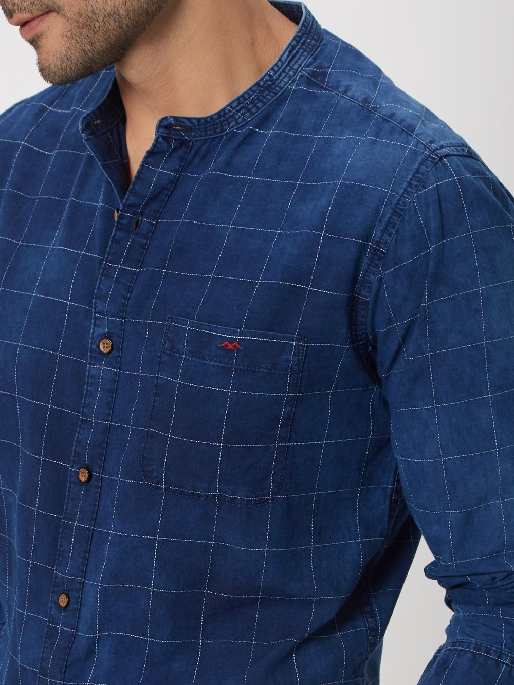 Deep Indigo Blue & White Stitch Check Denim Shirt