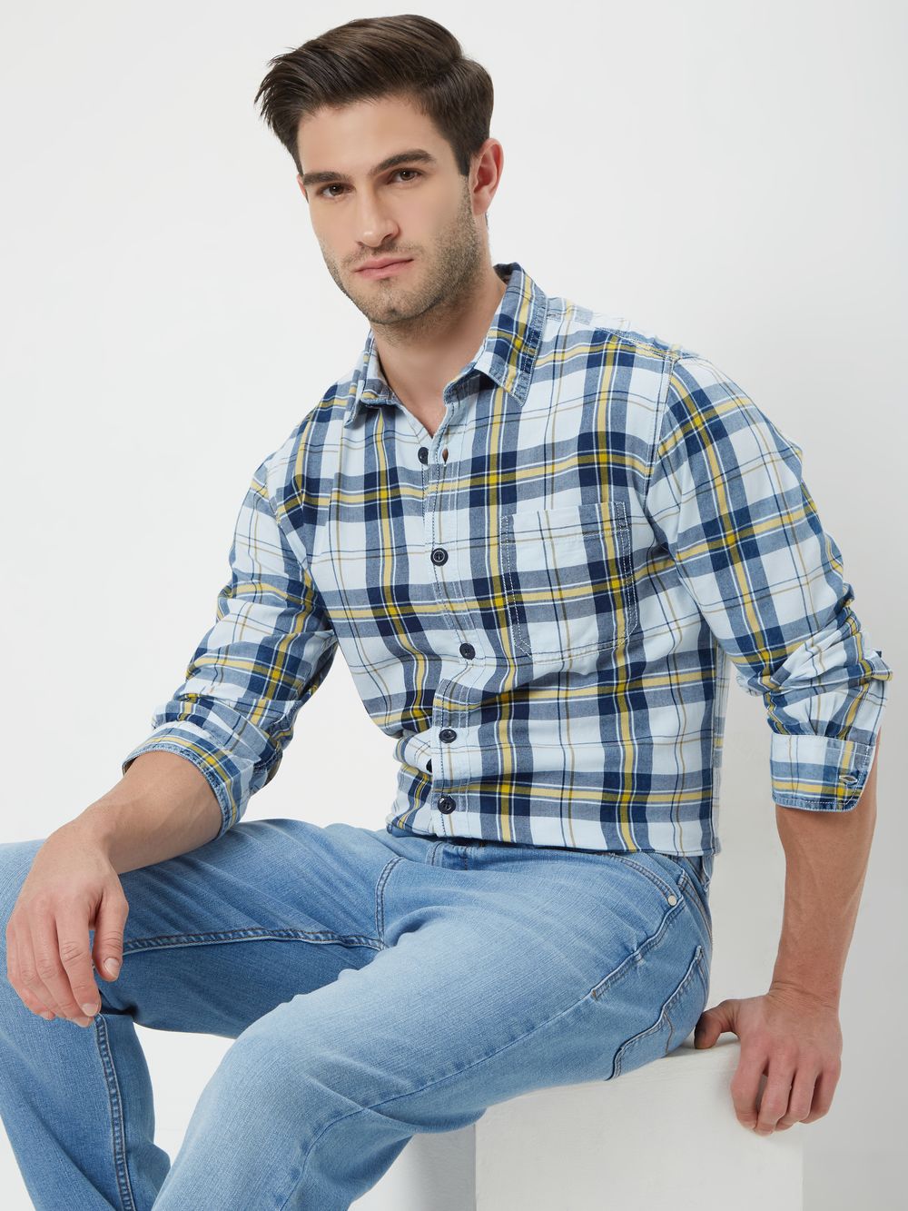 White & Indigo Blue Large Check Shirt