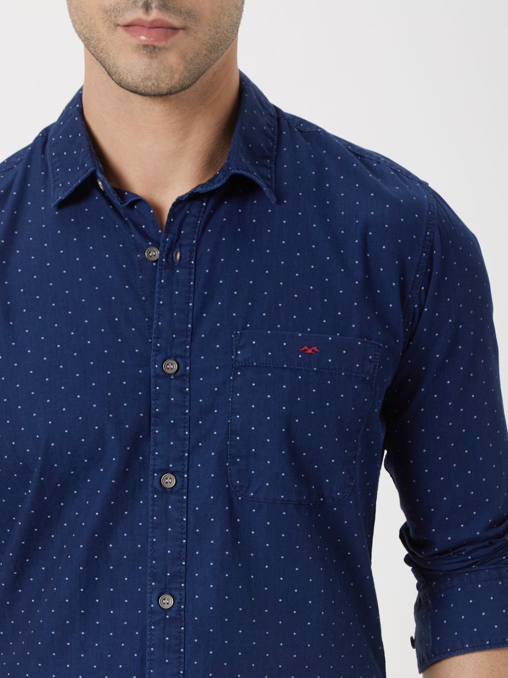 Dark Indigo Blue & White Micro Print Slim Fit Casual Shirt