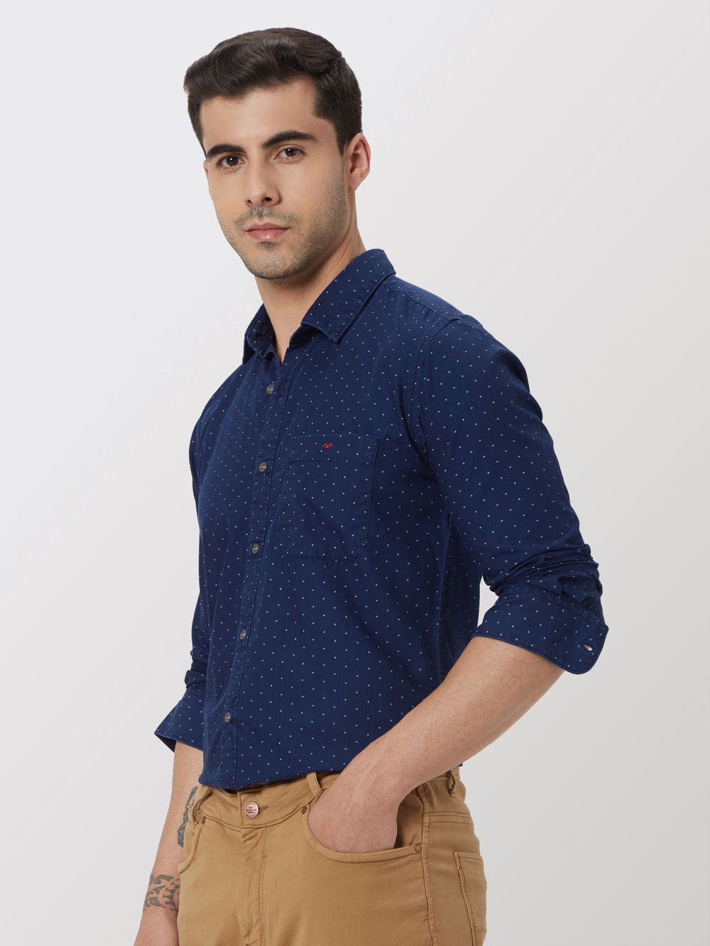 Dark Indigo Blue & White Micro Print Slim Fit Casual Shirt