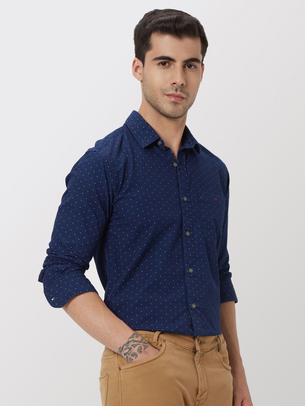 Dark Indigo Blue & White Micro Print Slim Fit Casual Shirt