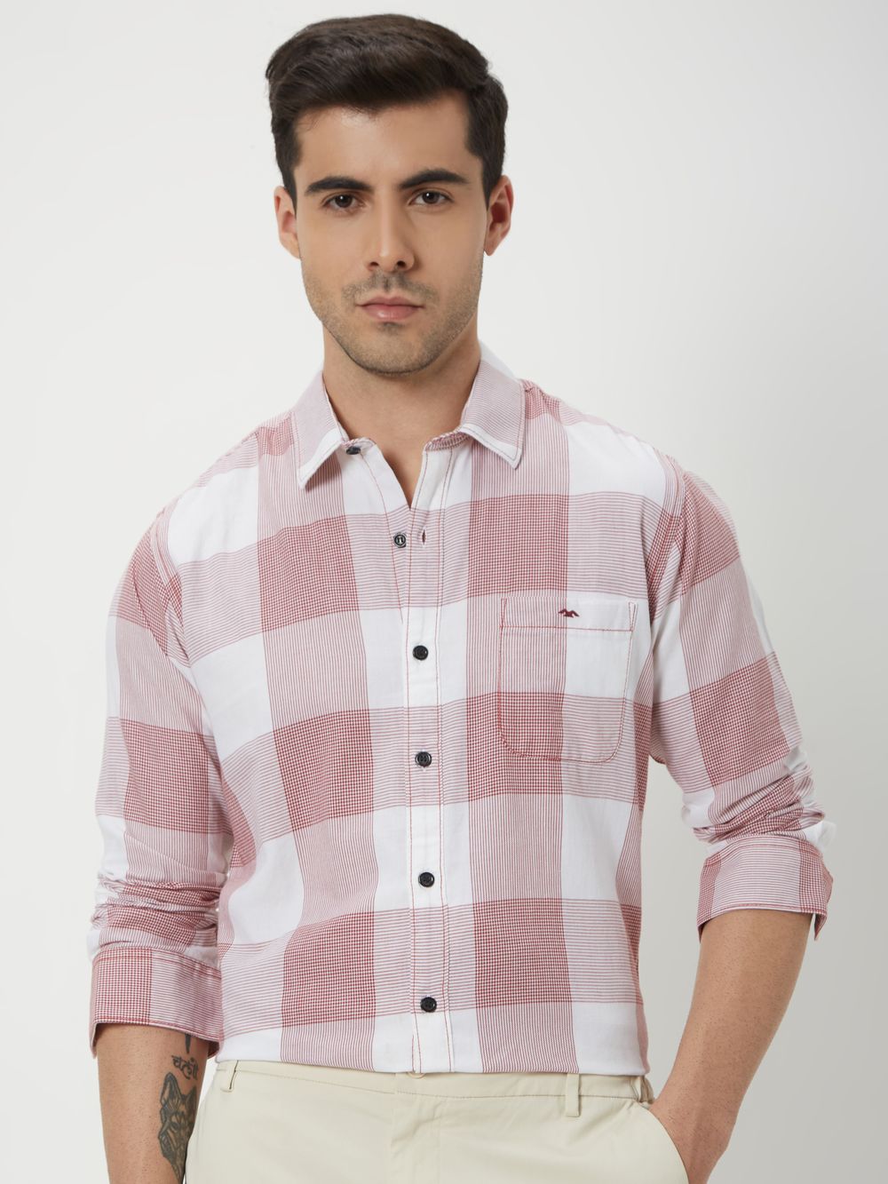 White & Rust Large Check Slim Fit Casual Shirt