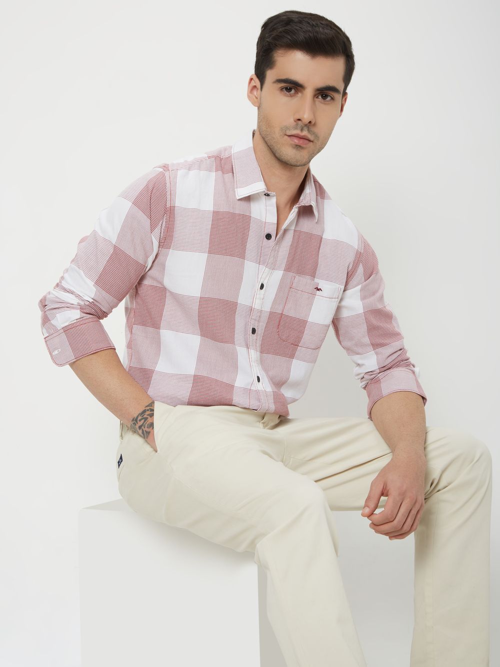 White & Rust Large Check Slim Fit Casual Shirt