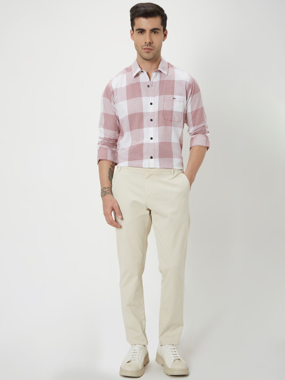 White & Rust Large Check Slim Fit Casual Shirt