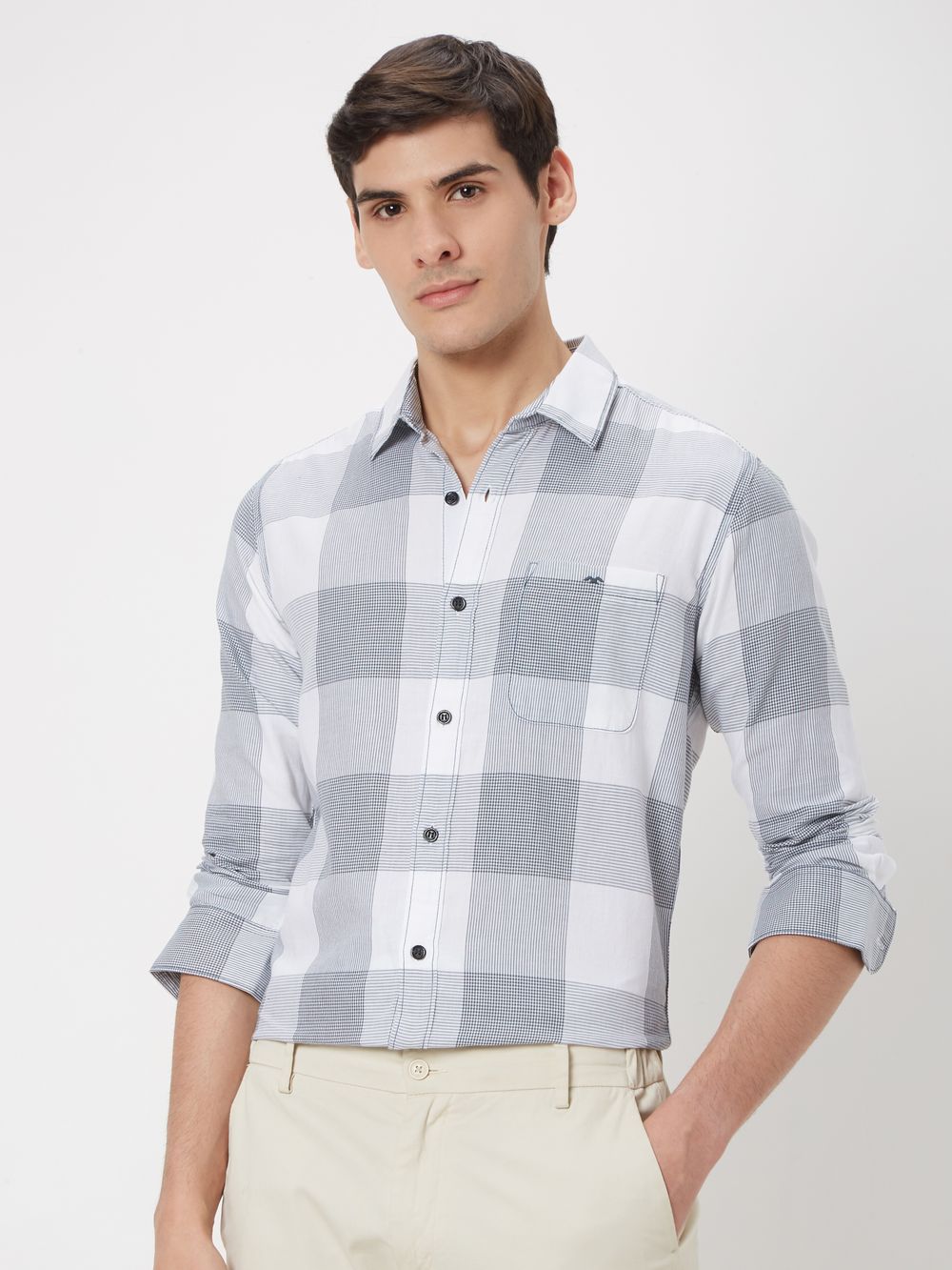 White & Grey Large Check Slim Fit Casual Shirt