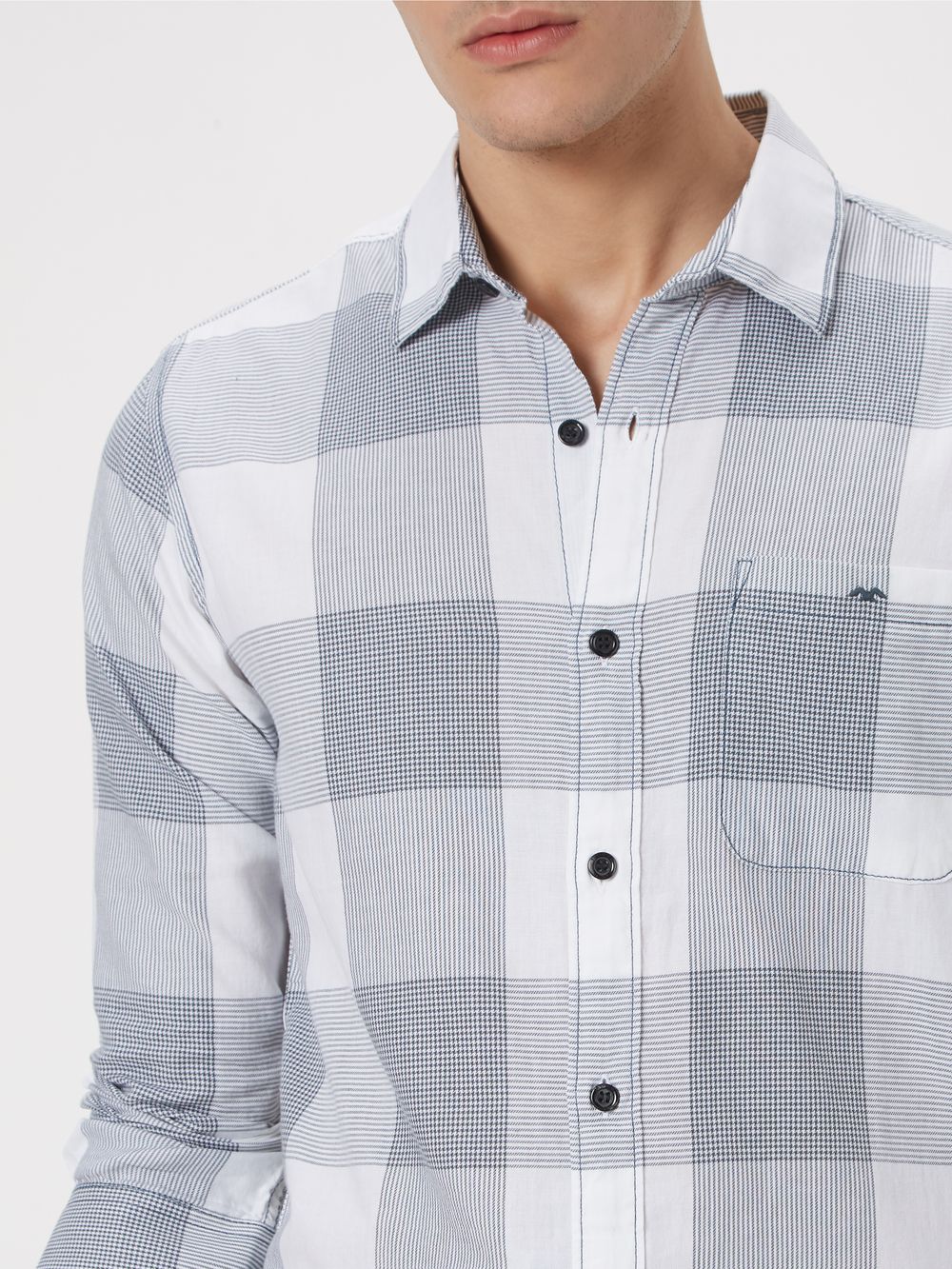 White & Grey Large Check Slim Fit Casual Shirt