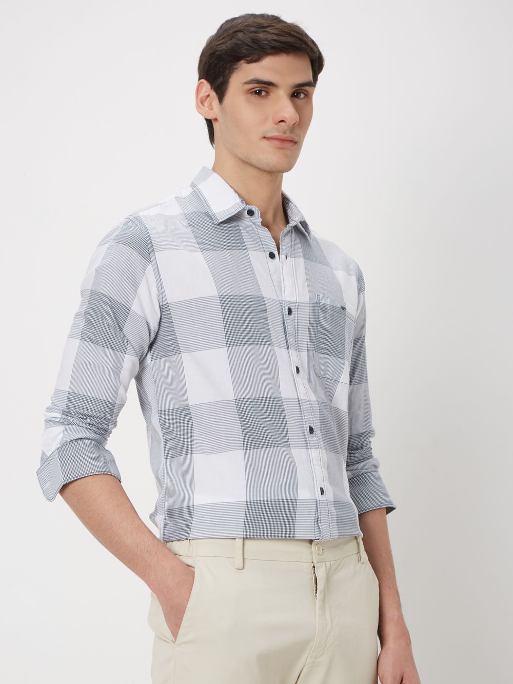 White & Grey Large Check Slim Fit Casual Shirt