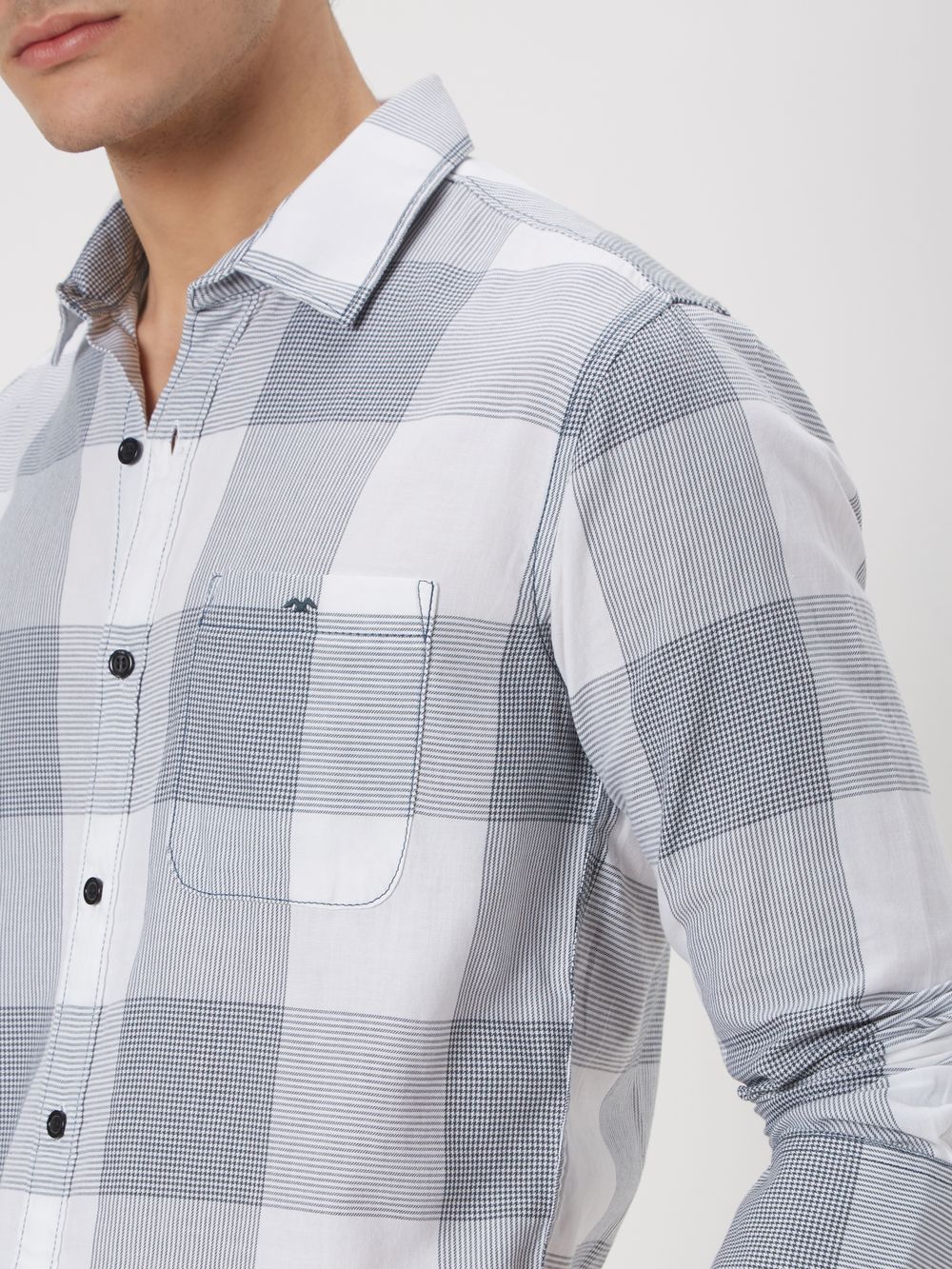 White & Grey Large Check Slim Fit Casual Shirt