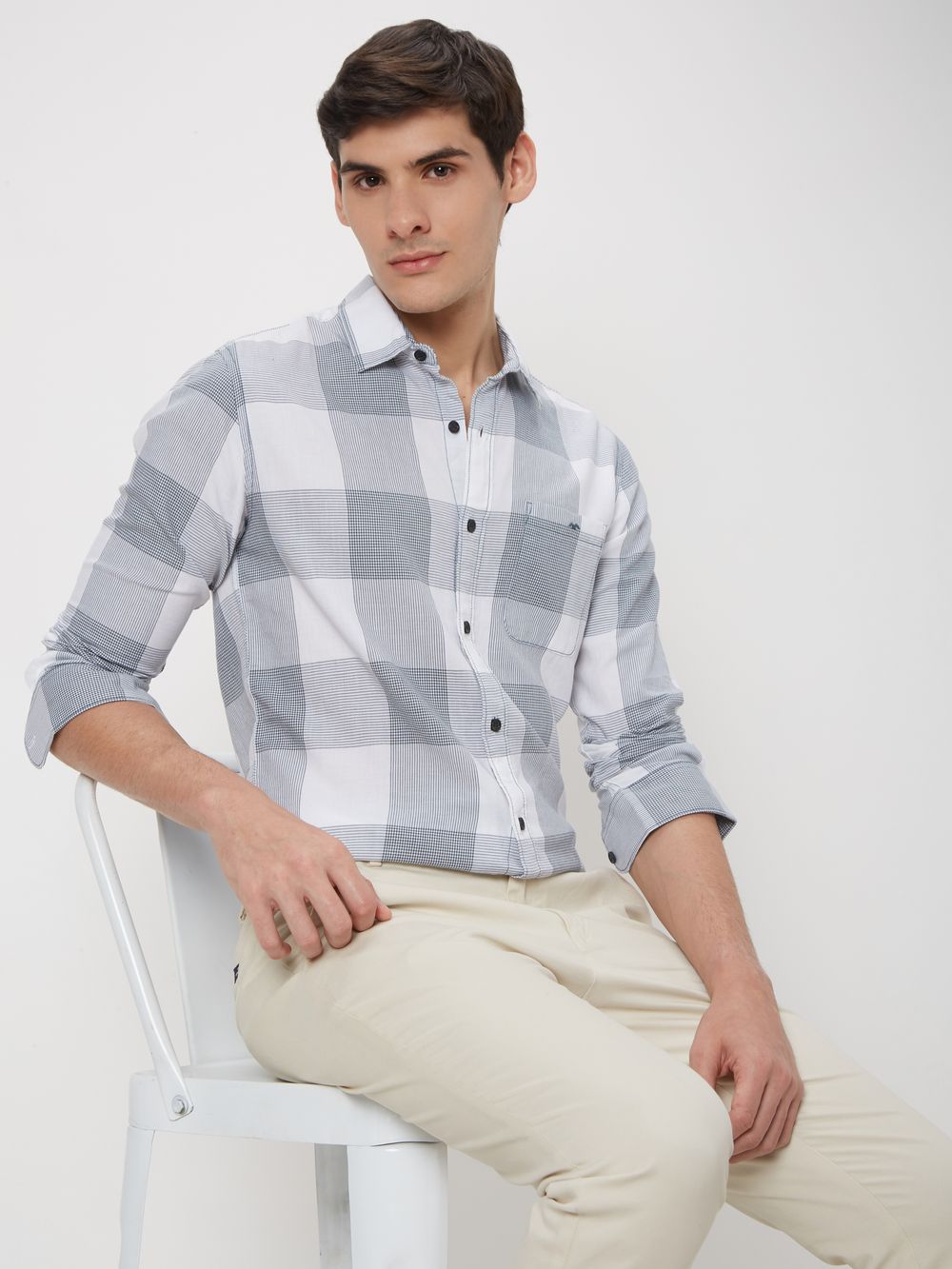 White & Grey Large Check Slim Fit Casual Shirt