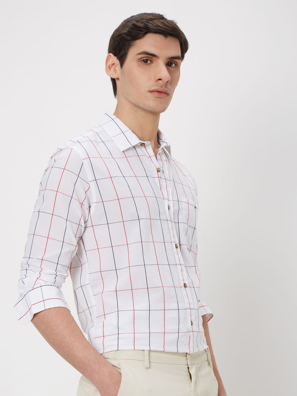 White & Red Windowpane Check Slim Fit Casual Shirt