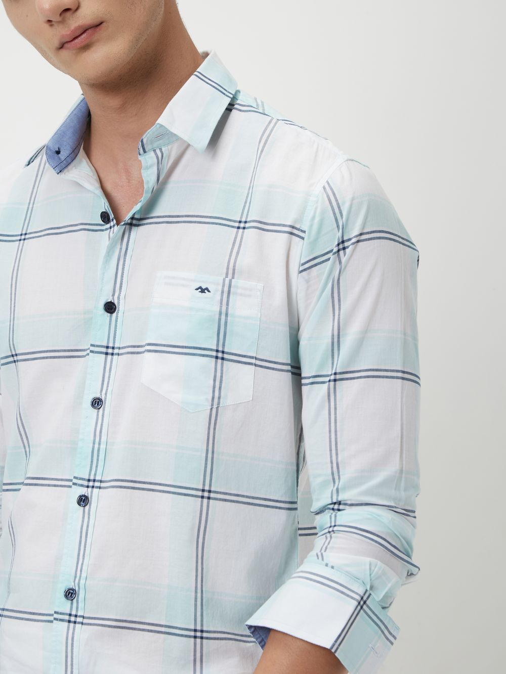 White & Light Blue Windowpane Check Slim Fit Casual Shirt