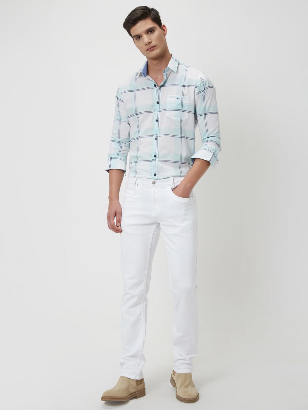 White & Light Blue Windowpane Check Slim Fit Casual Shirt