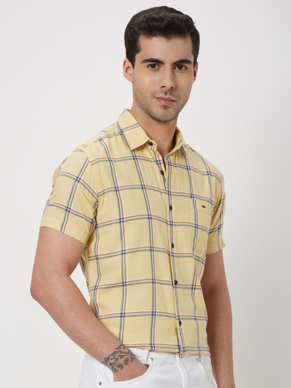Yellow & Multi Windowpane Check Slim Fit Casual Shirt