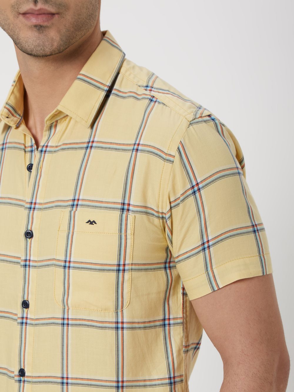 Yellow & Multi Windowpane Check Slim Fit Casual Shirt