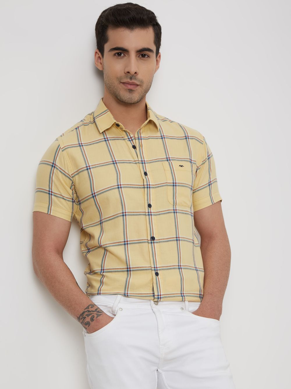 Yellow & Multi Windowpane Check Slim Fit Casual Shirt