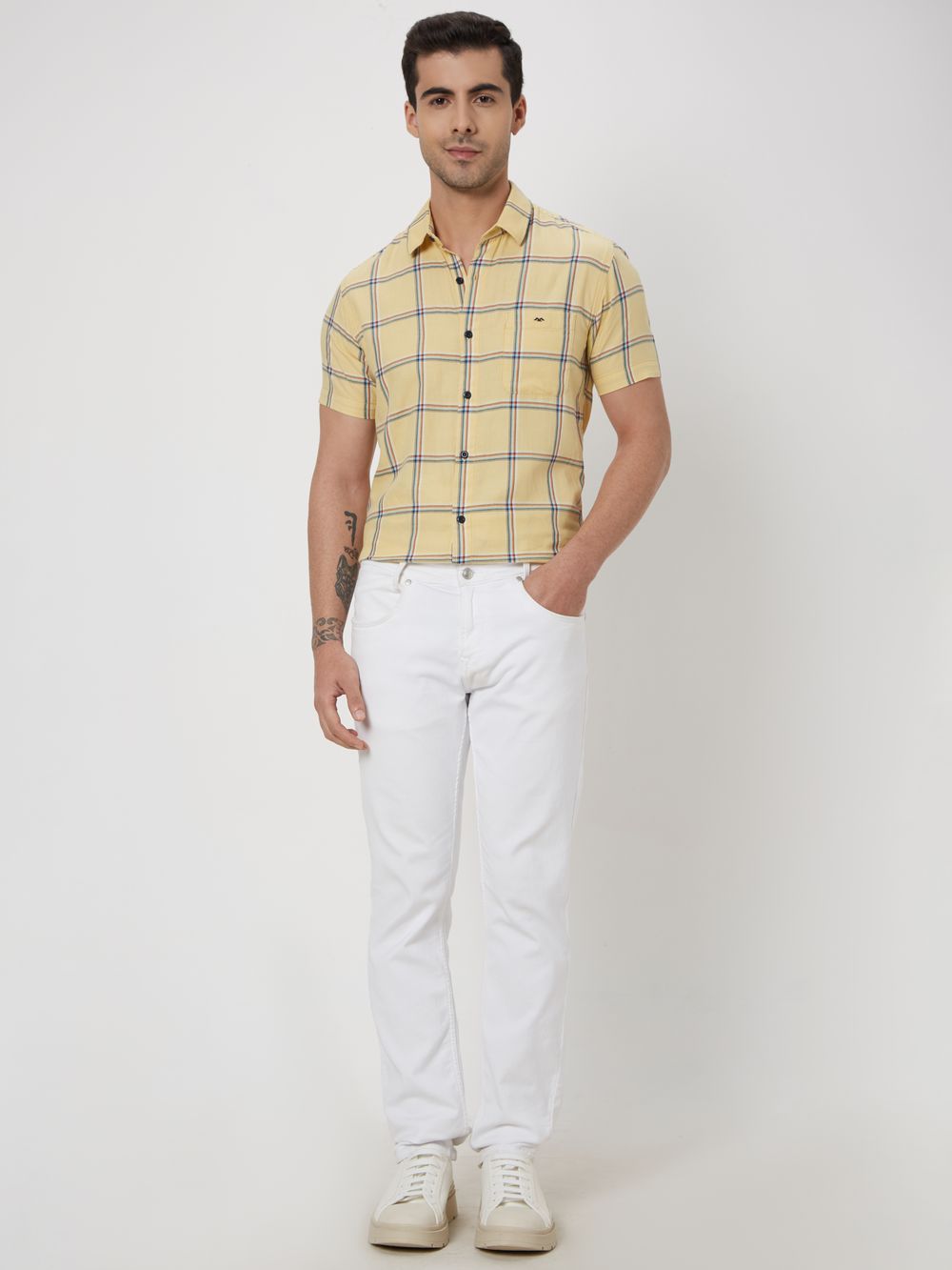 Yellow & Multi Windowpane Check Slim Fit Casual Shirt