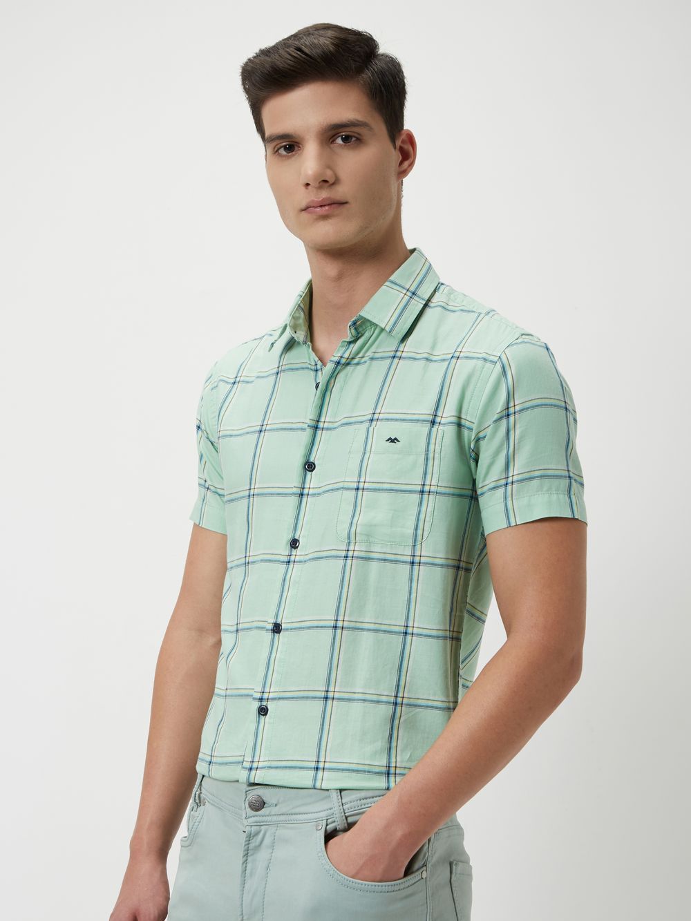 Light Green & Multi Windowpane Check Slim Fit Casual Shirt