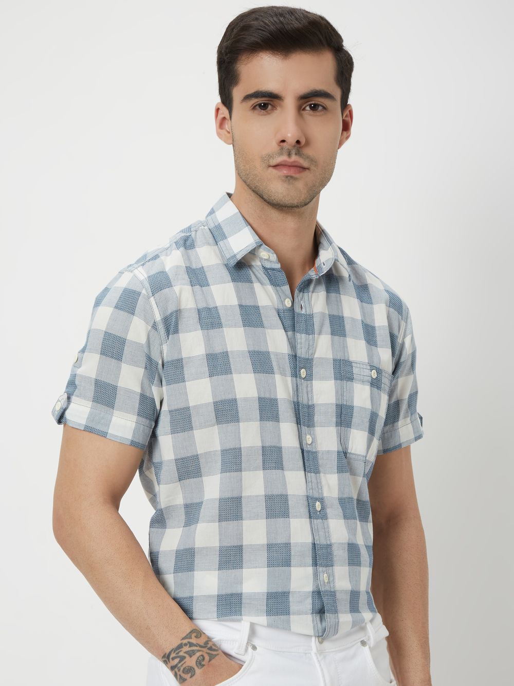 White & Navy Square Check Slim Fit Casual Shirt