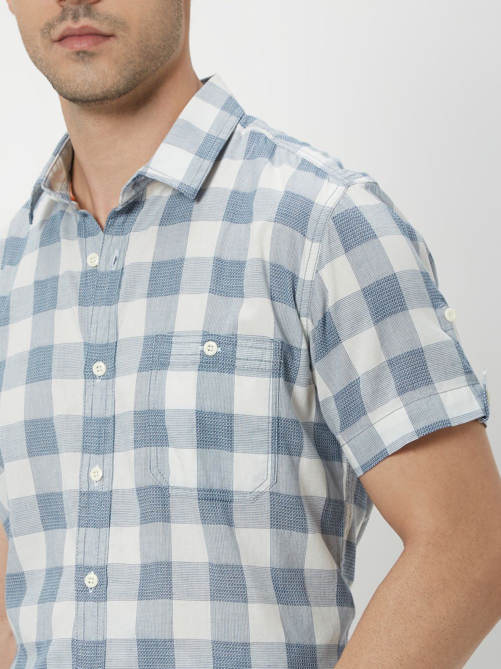 White & Navy Square Check Slim Fit Casual Shirt