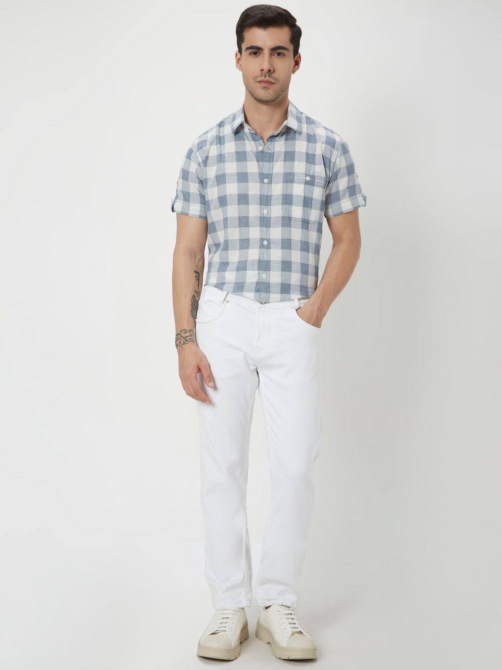 White & Navy Square Check Slim Fit Casual Shirt