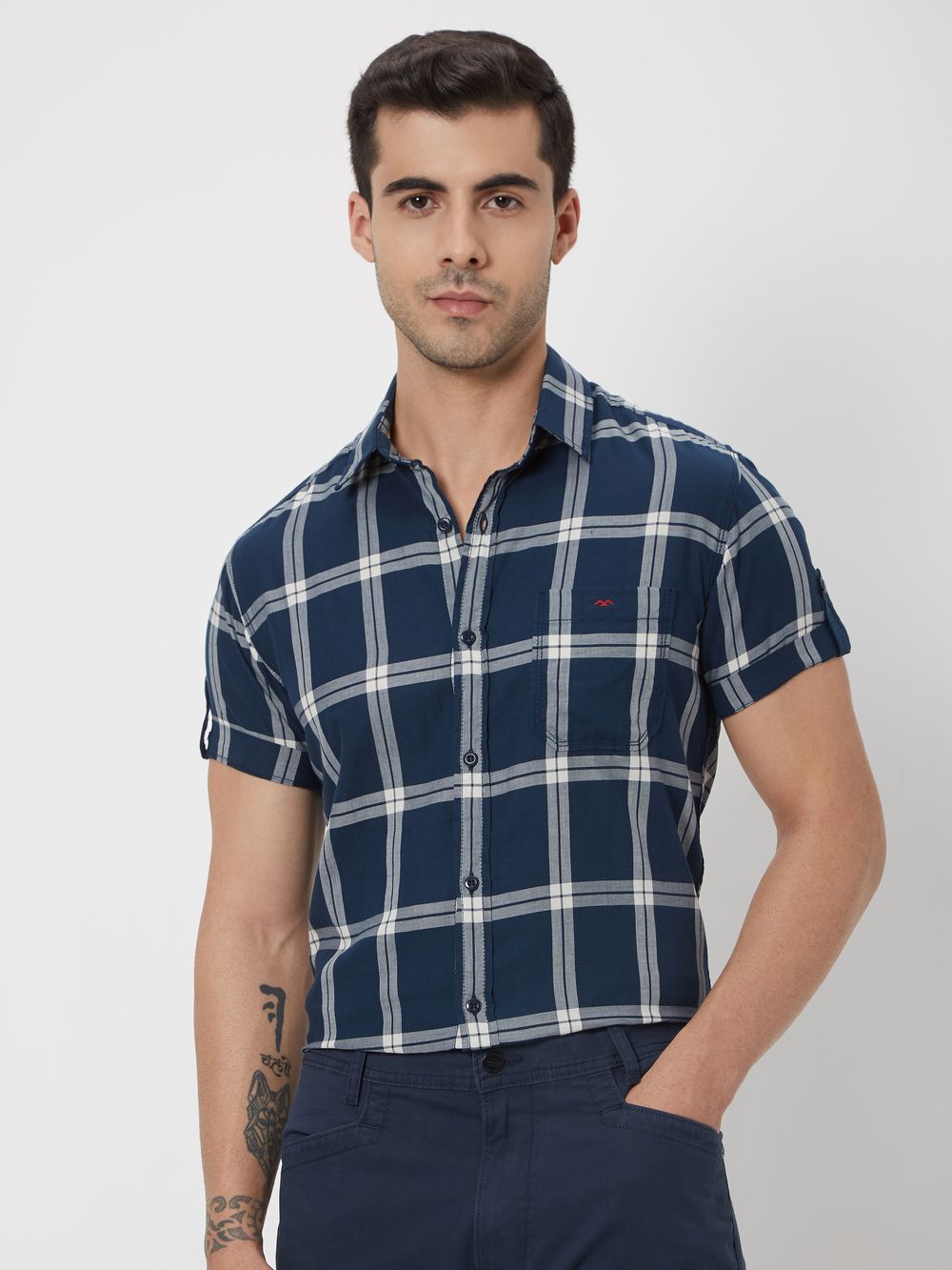 Navy & White Large Check Slim Fit Casual Shirt