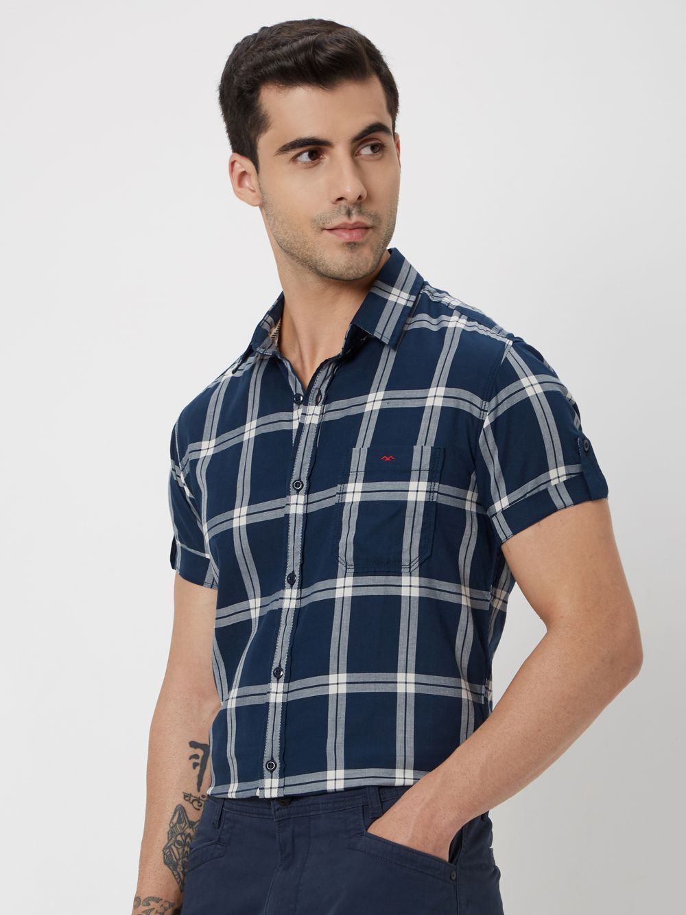 Navy & White Large Check Slim Fit Casual Shirt